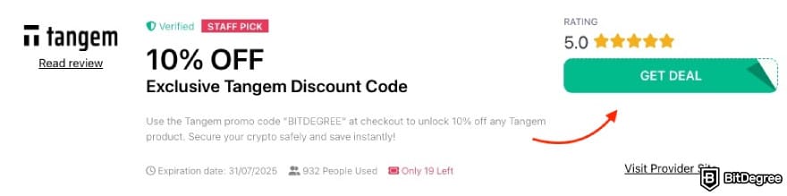 Tangem discount code: a red arrow pointing to the [GET DEAL] button on BitDegree's page.