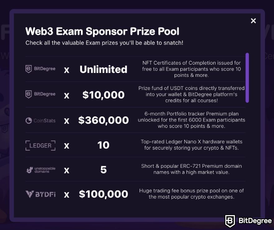 TaskOn review: BitDegree Web3 Exam prize pool.