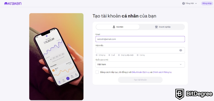 Thị trường Kraken NFT: Đăng ký tài khoản.