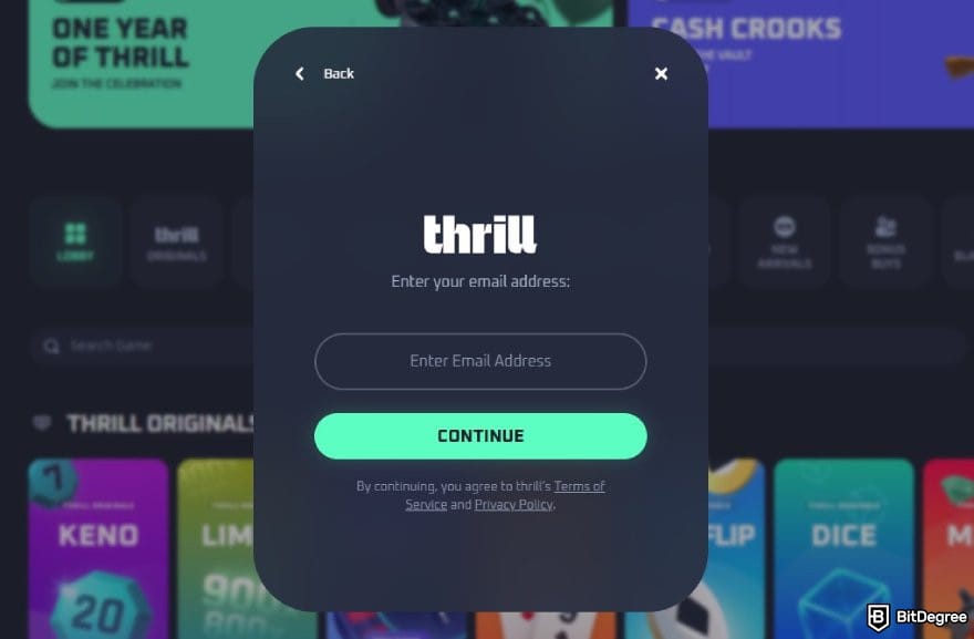 Thrill casino review: the email address page on Thrill sign up process. Thrill casino review: the email address page on Thrill sign up process.