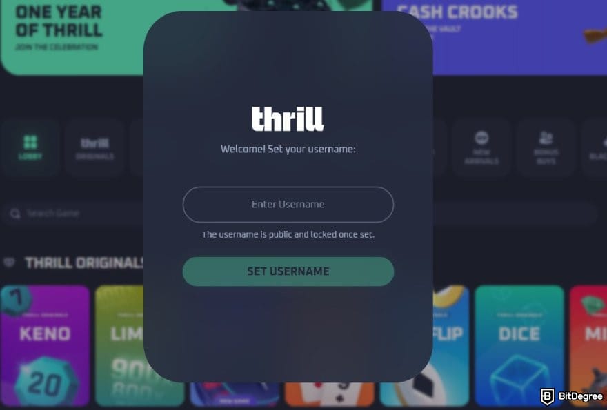Thrill casino review: the username page on Thrill sign up process. Thrill casino review: the username page on Thrill sign up process.