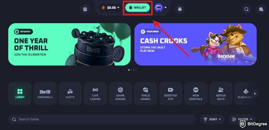 Thrill casino review: wallet button on Thrill homepage. Thrill casino review: wallet button on Thrill homepage.