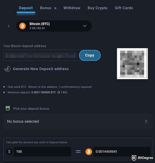 Thunderpick review: Bitcoin's deposit page on Thunderpick.