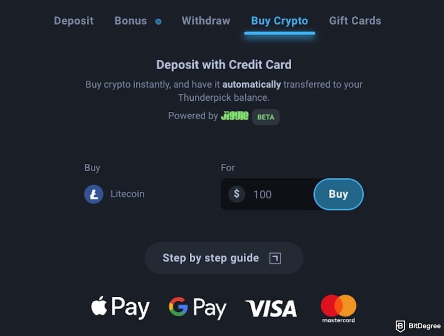Thunderpick review: the [Buy Crypto] tab.