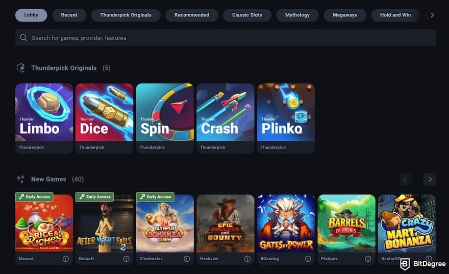 Thunderpick review: Thunderpick's casino lobby.