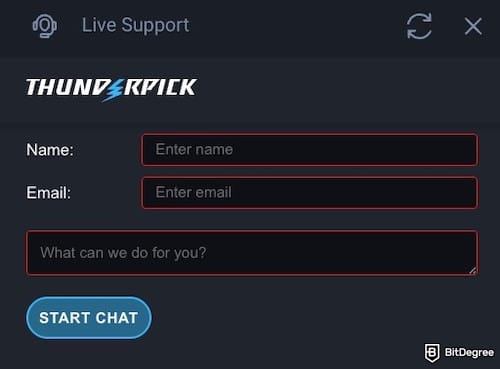 Thunderpick review: Thunderpick's contact form on the live chat box.