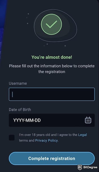 Thunderpick review: completing registration by entering a username and date of birth.