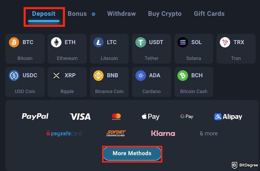 Thunderpick review: the [More Methods] on the [Deposit] tab outlined.
