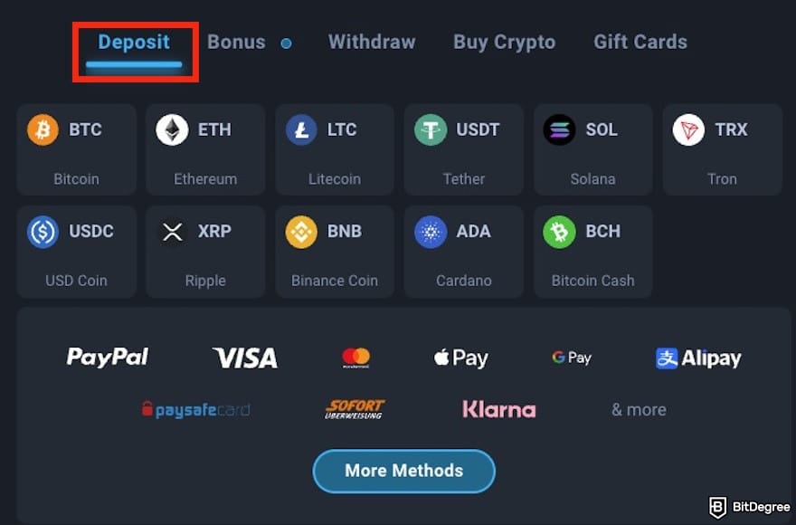 Thunderpick review: the [Deposit] tab outlined, showing multiple payment options.