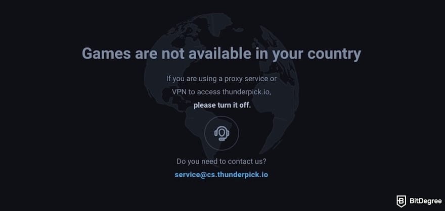 Thunderpick review: an error page, showing that a game section isn't available in the country.