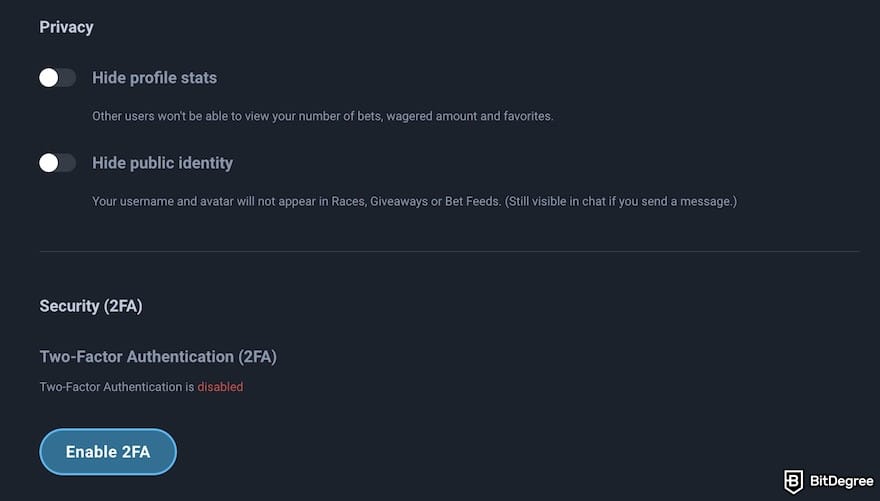 Thunderpick review: security and privacy settings.