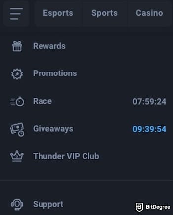 Thunderpick review: Thunderpick's sidebar.
