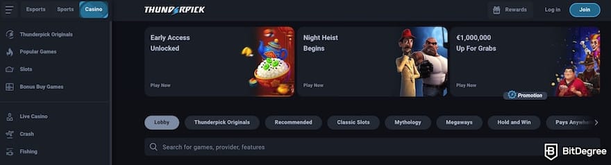 Thunderpick review: Thunderpick's Casino page when I wasn't logged in.