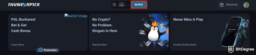 Thunderpick review: the [Wallet] button on Thunderpick's homepage.