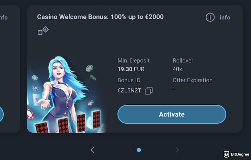 Thunderpick review: Thunderpick's casino welcome bonus, with a slider to show the eSports welcome bonus.