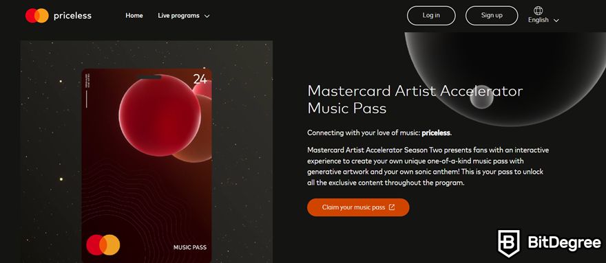 O que é token gating: site Mastercard Artist Accelerator Music Pass.