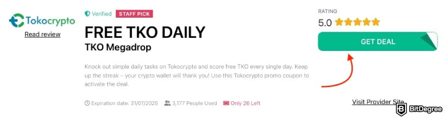 Código de referencia de Tokocrypto: una flecha roja que apunta al botón [OBTENER CUPON] en la página de BitDegree.