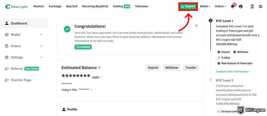 TokoCrypto review: TokoCrypto user dashboard with the Deposit button highlighted.
