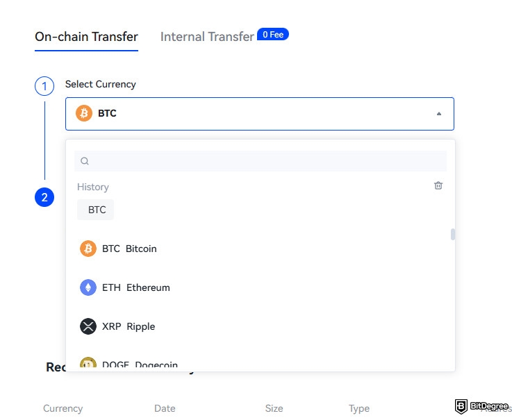 Toobit exchange review: choose coin to withdraw.