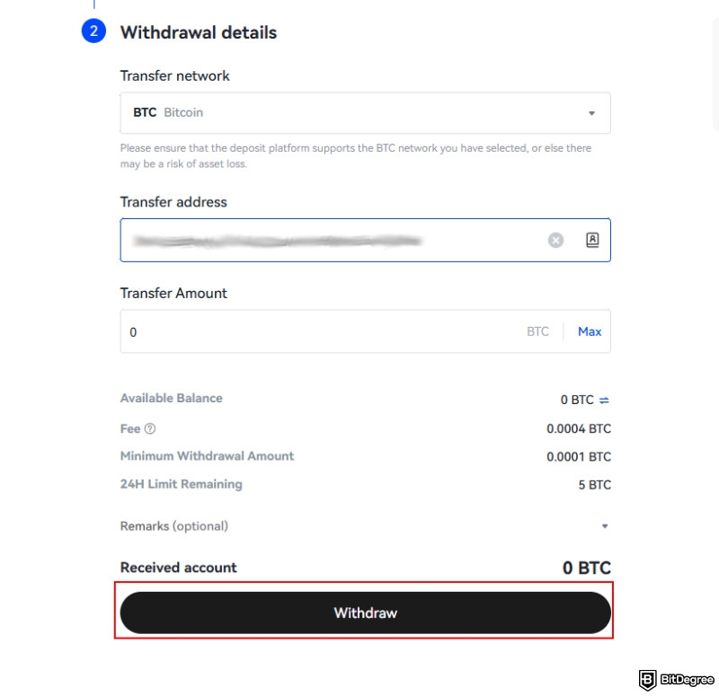 Toobit exchange review: enter the transfer address and amount.