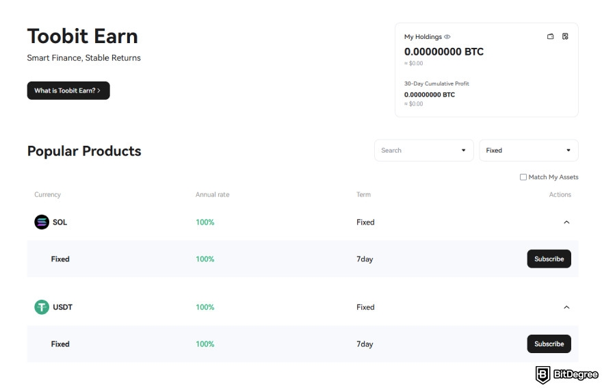 Toobit exchange review: the platform's popular earning products.