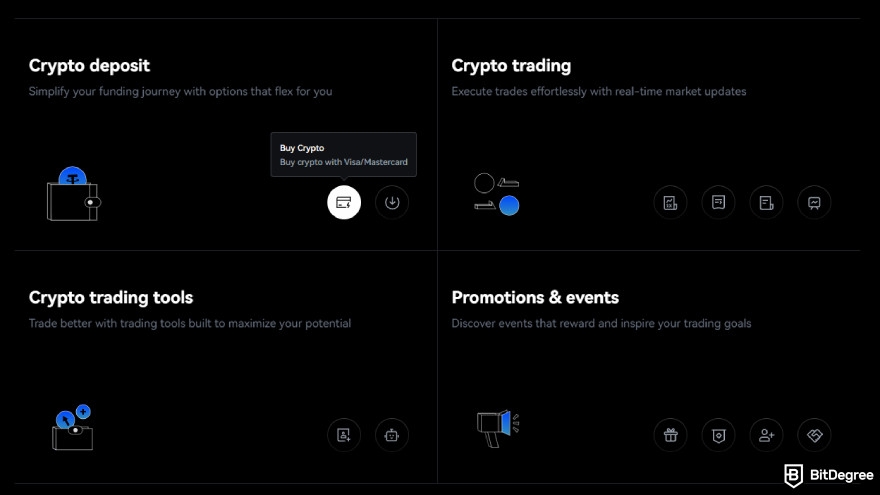 Toobit exchange review: platform features overview, showing the ability to buy crypto using Visa/Mastercard.