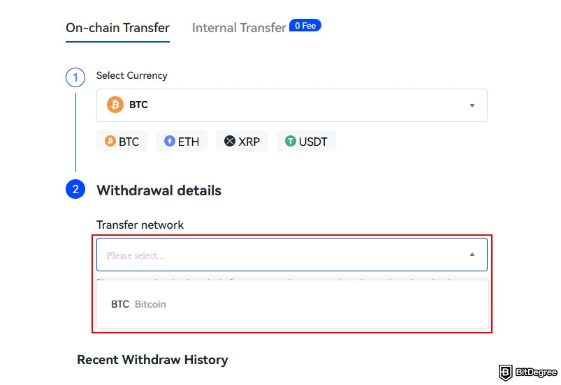 Toobit exchange review: select the transfer network.