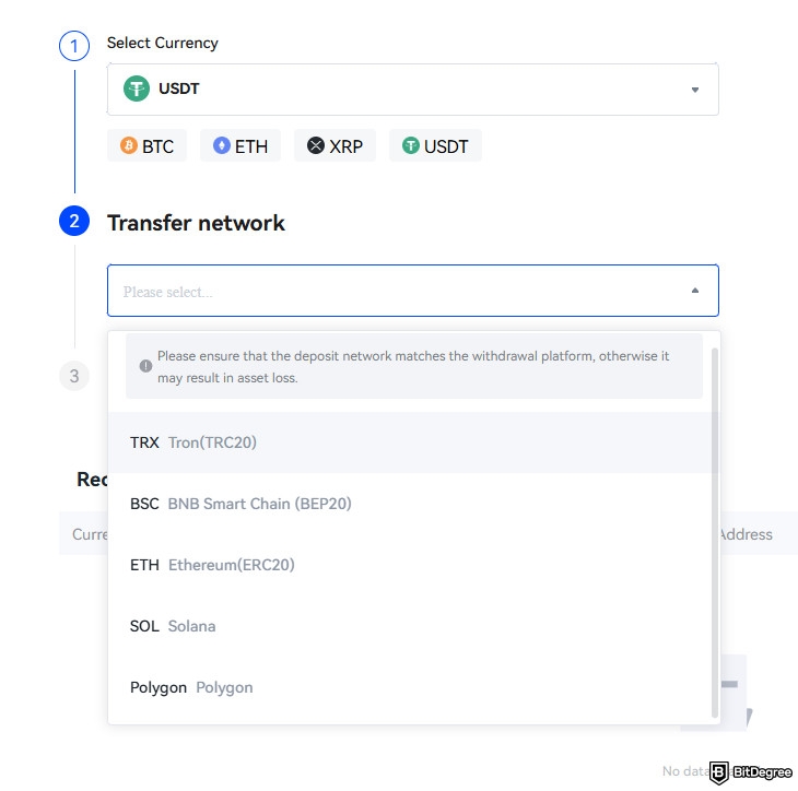 Toobit exchange review: select the transfer network.