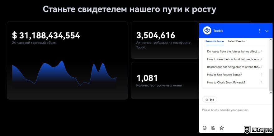 Toobit отзывы: чат-бот Toobit Toby для поддержки клиентов.