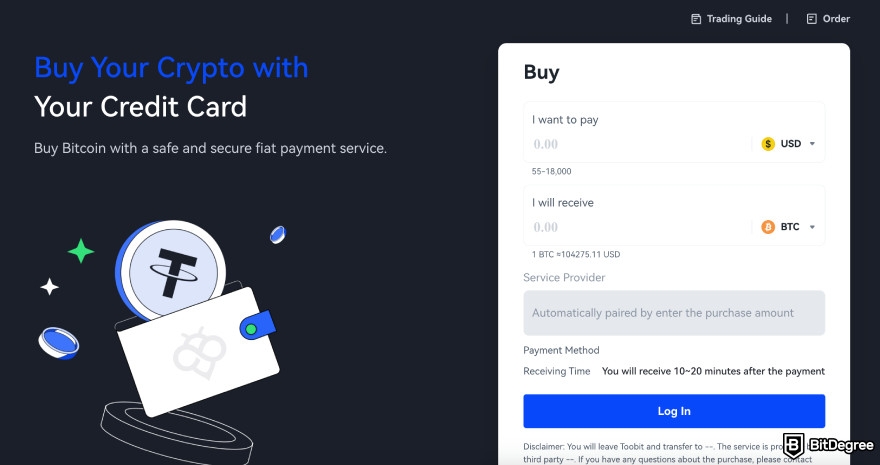 Toobit review: buying crypto on Toobit.