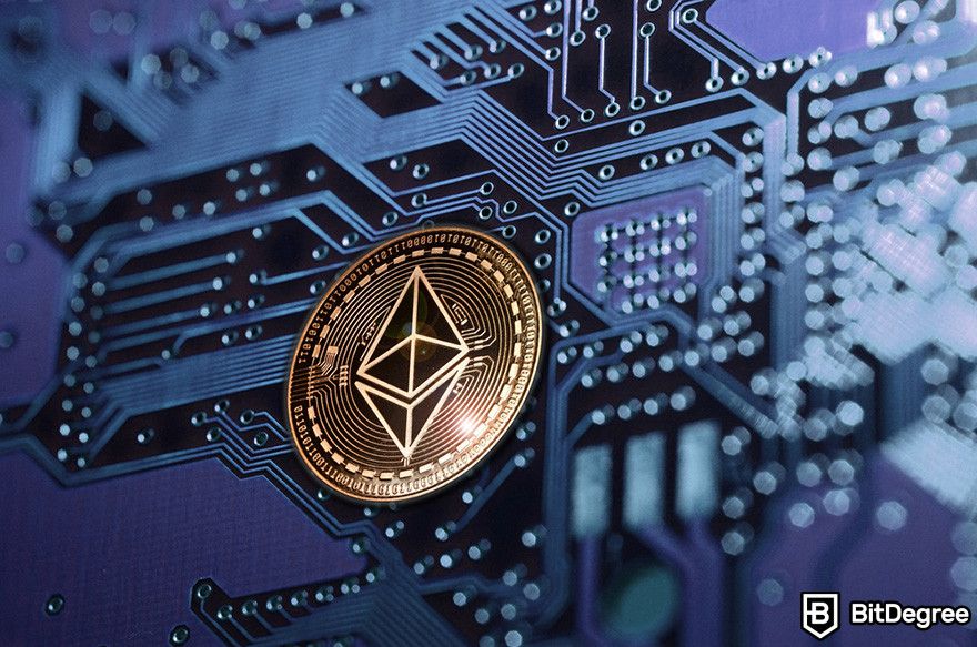 Top Ethereum projects: a glowing ETH coin on a blue circuit board.