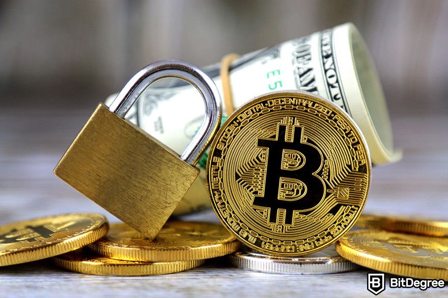 Top security tokens crypto: a pile of BTC coins, a padlock, and a hundred USD bill.