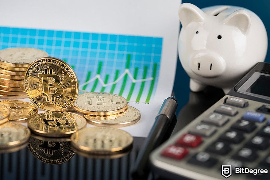 Top security tokens crypto: A pile of BTC coins, a piggy bank, a calculator, and a chart.