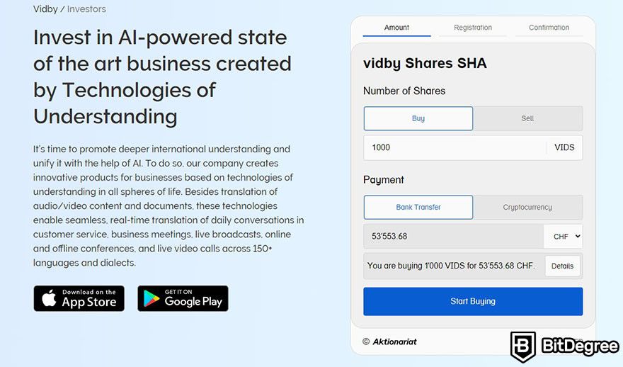 Top security tokens crypto: Vidby shares SHA page on Vidby's website.