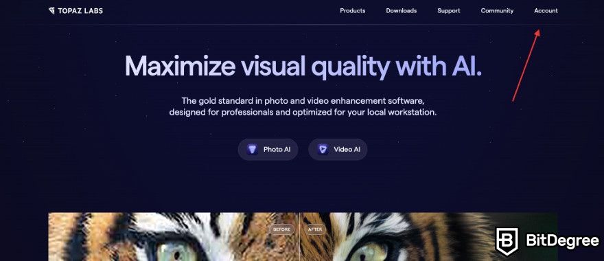 Topaz Photo AI review: Topaz homepage with a red arrow pointing to account.
