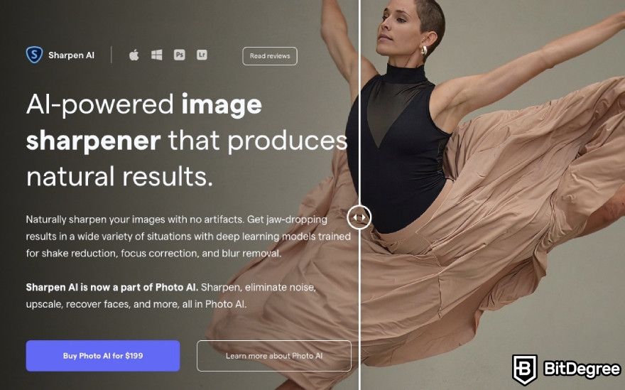 Topaz Photo AI review: Sharpen AI homepage with displayed price and description.