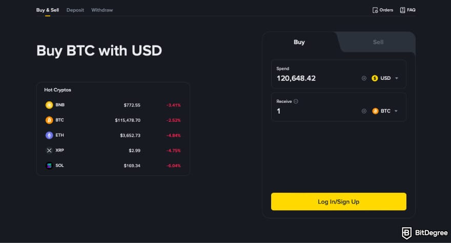 Topper crypto review: a screenshot of Binance's instant crypto purchase panel.