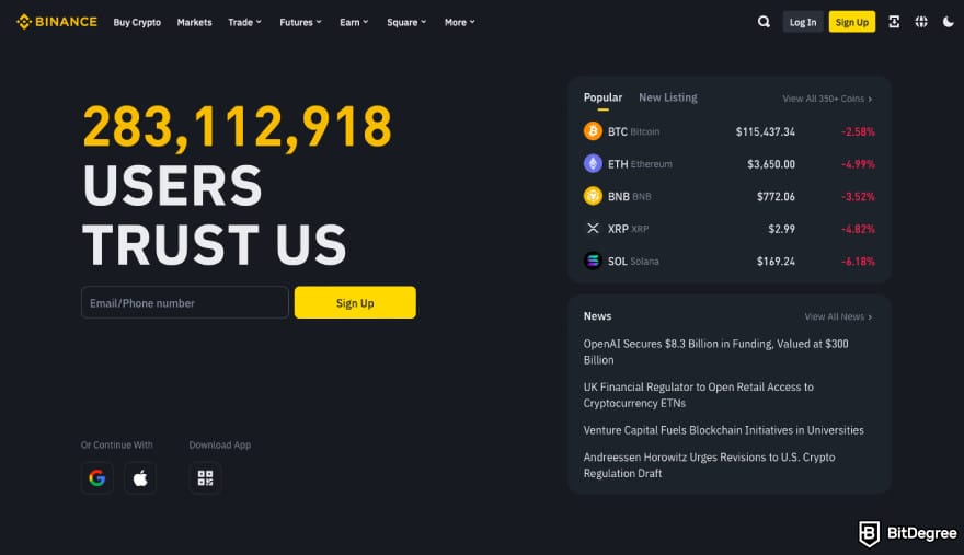 Topper crypto review: a screenshot of the Binance homepage.
