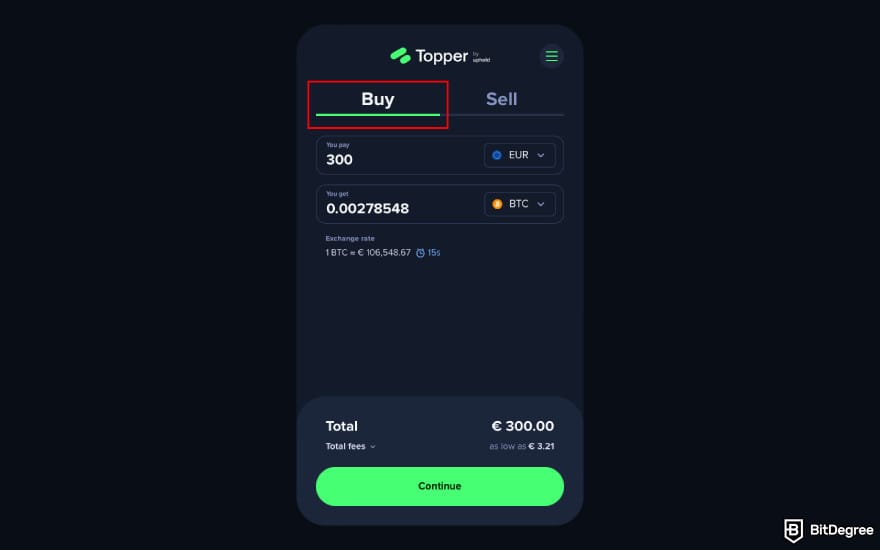 Topper crypto review: choose the Buy or Sell panel.