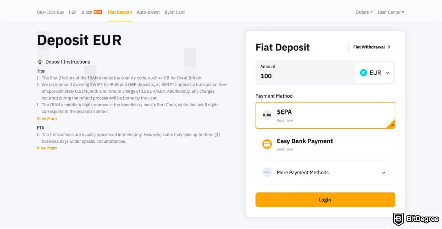 Topper crypto review: a screenshot of Bybit's fiat deposit panel.