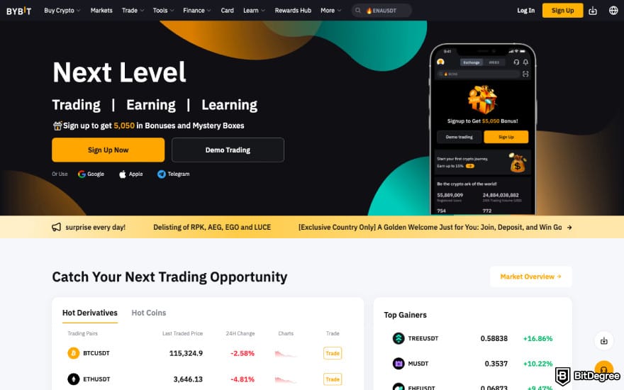 Topper crypto review: a screenshot of the Bybit homepage.