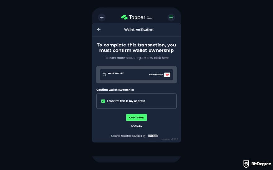 Topper crypto review: confirm your wallet address.