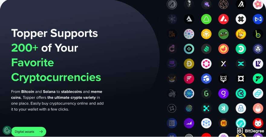Topper crypto review: a screenshot of Topper's cryptocurrency selection.