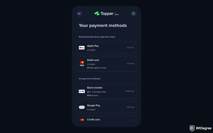 Topper crypto review: choose your preferred payment method.