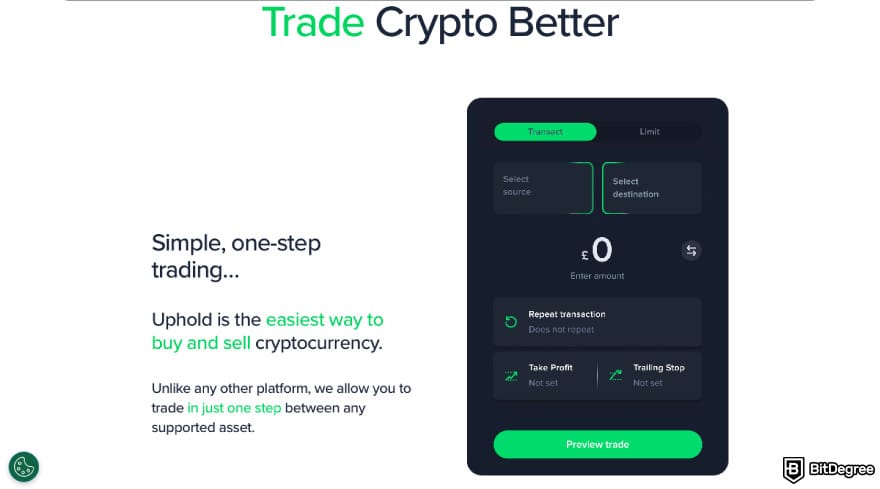 Topper crypto review: a screenshot of Uphold's feature description.