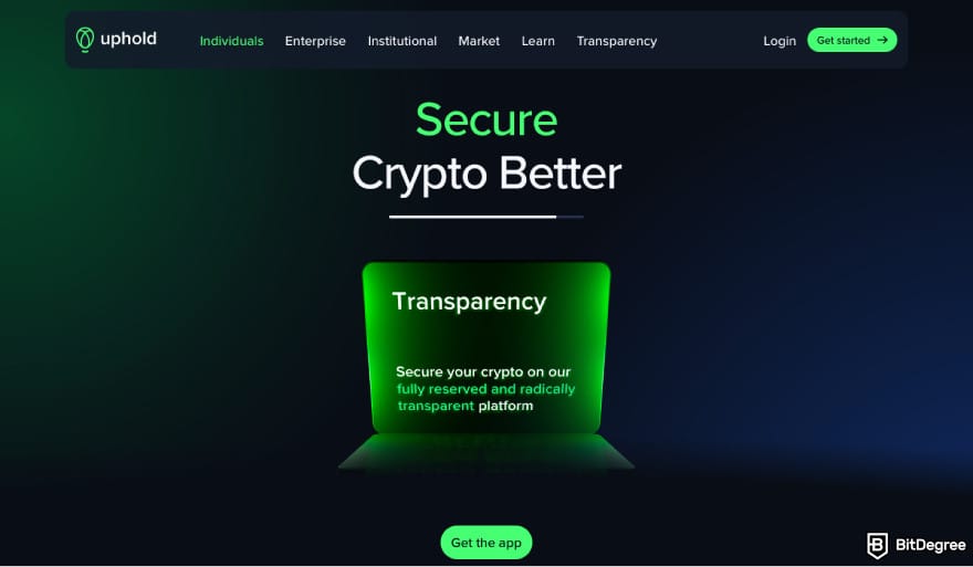 Topper crypto review: a screenshot of the Uphold homepage.