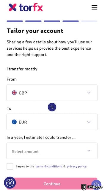 TorFX review: a form to enter annual transfer estimation and most used currencies.