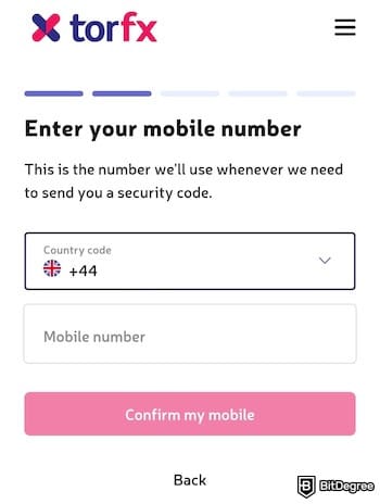 TorFX review: entering a mobile number.