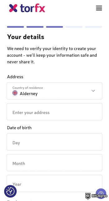 TorFX review: entering personal details on TorFX.