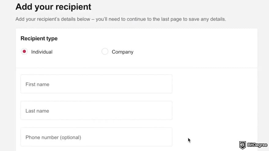 TorFX review: a TorFX form for adding recipient data.